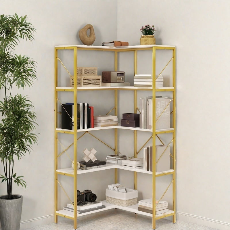 Uforic 5-Tier Corner Bookshelf, Corner Shelf Display Bookcase with Metal Frame for Home Office, Gold