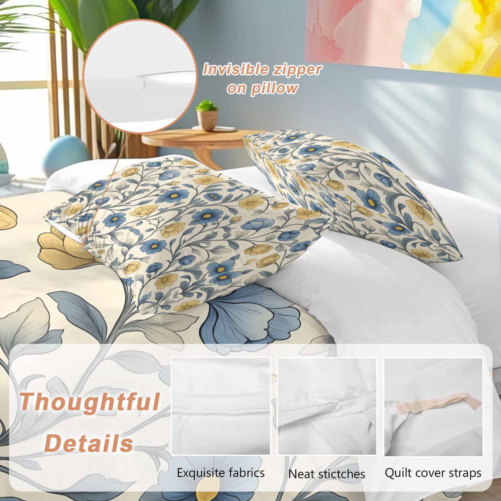 Vintage Blue Yellow Bedding 3 Piece Duvet Cover Set Full Size, Spring Enchanted Garden Florals Soft Microfiber Comforter Cover with Zipper Closure & Pillowcases, Wrinkle & FadeResistant Quilt Cover
