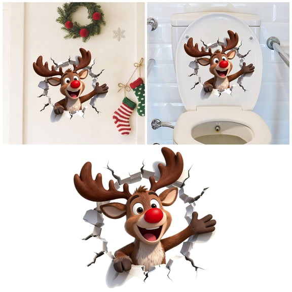 RBER Christmas Decorations Wall Sticker Large 3D Santa Wall Decals Reindeer Door Stickers Removable Winter Holiday Xmas Break Through Walls For Window Refrigerator