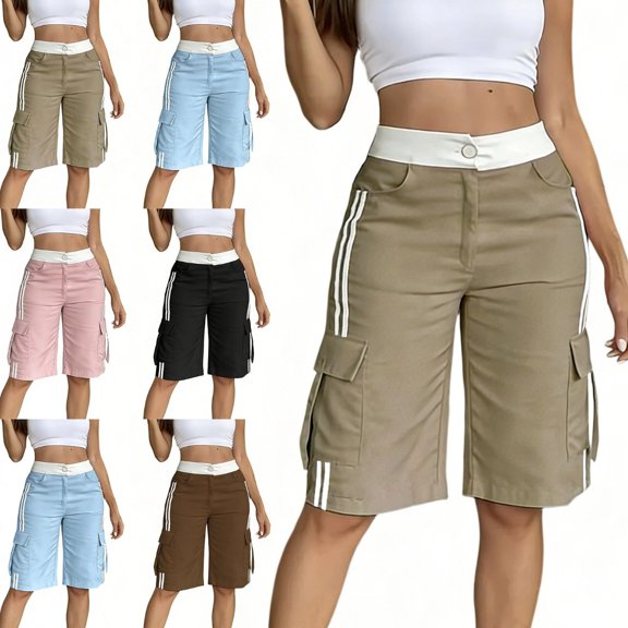 ITSAME Womens Cargo Shorts Straight Leg Multi-Pocket High Waist Summer Loose Casual Shorts Khaki Size 2XL