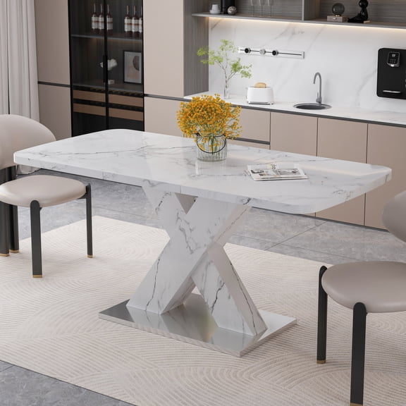 Miekor Furniture Modern Square Dining Table, Stretchable, with Printed White Marble Table Top& MDF X-Shape Table Leg with Metal Base 2761