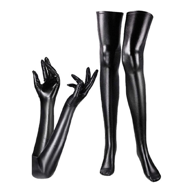 EeaseMX Medias sexys de tubo largo para mujer, conjunto de calcetines y guantes de charol (negro)