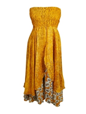 Mogul Women Orange Floral Print Dress Recycled Sari Flared Skirt, Hi Low Dresses, Strapless Dress, Two Layer Skirt S/M