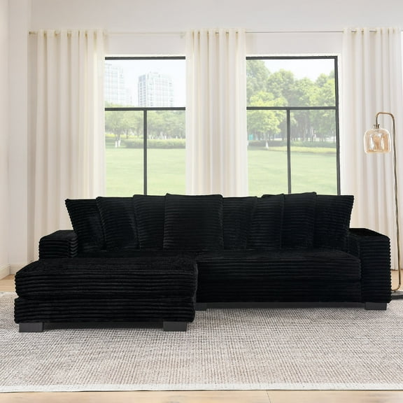 110.6" L-Shaped Corduroy Tufted Upholstered Sleeper Sectional Sofa, Modular Convertible Sofa , Can freely change the position of the footrests, Black