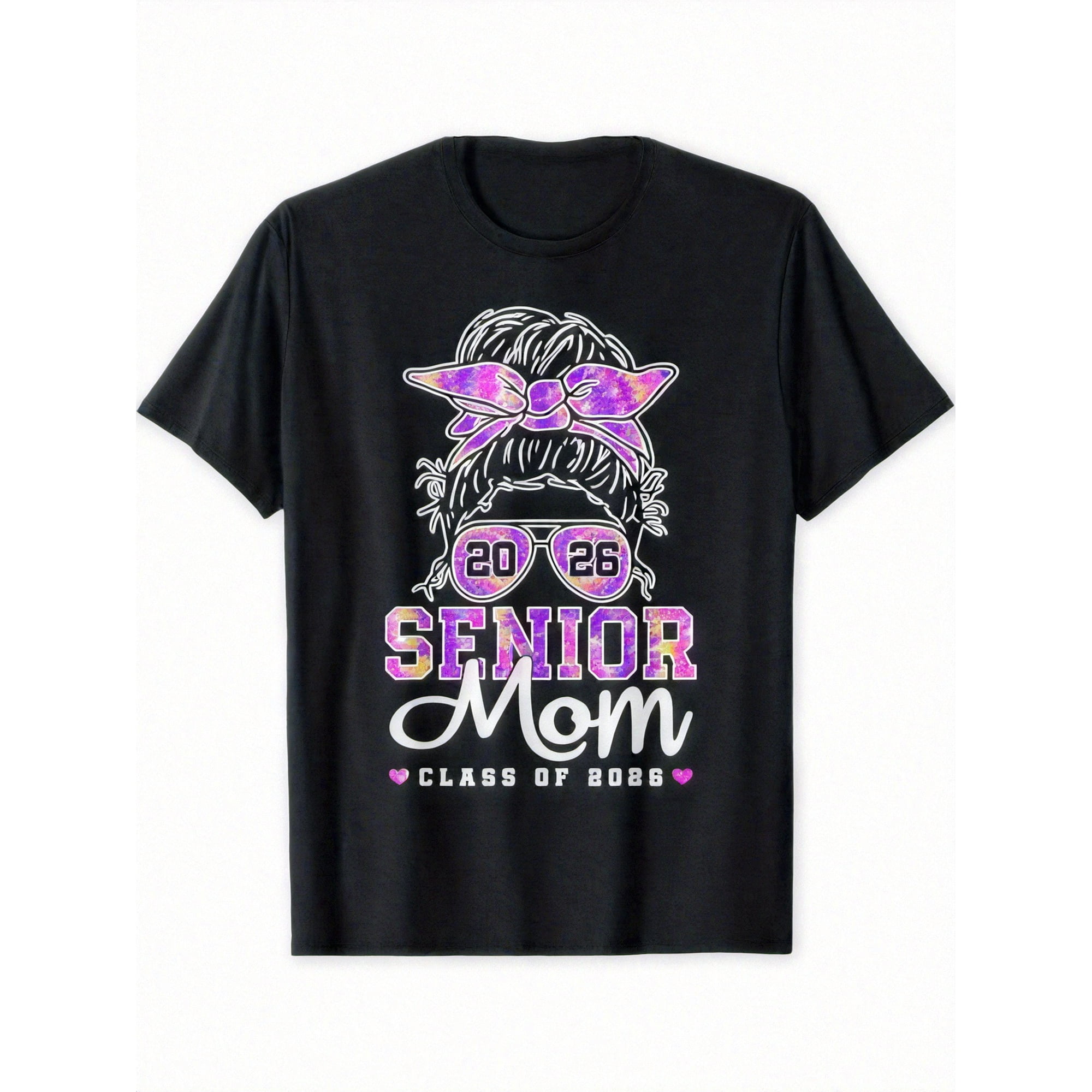 Senior Mom Class of 2026 T-Shirt Proud Graduation Mother Messy Bun Graphic Tee Retro Purple Glitter Design