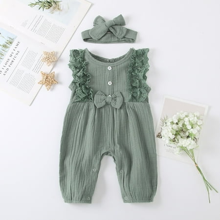 

Esho 2Pcs Baby Girls Sleeveless One-piece Rompers With Headband Baby Summer Jumpsuits Clothes 0-24 Months