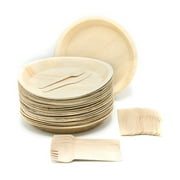 Eco-Friendly Disposable Dinnerware Set of 75 Party Supplies: Large 10" Round Palm Leaf Plates (25), Wooden Forks(25) & Knives (25) - Natural, Compostable