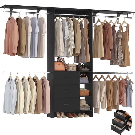 Aheaplus Closet System, Closet Organizer with 3 Wooden Drawers, 8FT Closet Organizer System, 96’’ Walk-in Closet Wardrobe Clothes Rack with Hanging Rods, Adjustable Garment Rack, Fits 5.3-9 ft, Black