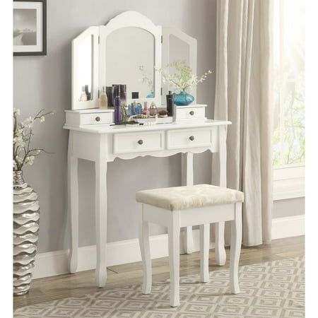 Roundhill Furniture Sanlo White Wooden Vanity, Make Up Table and Stool (Best Lighting For Bedroom Vanity)