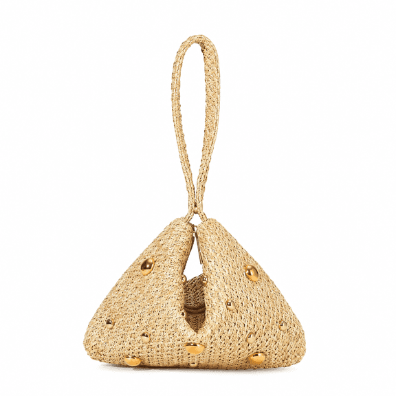 REMANLAND Women's Woven Texture Triangle Wristlet Handbag with Metallic Accents, Beige