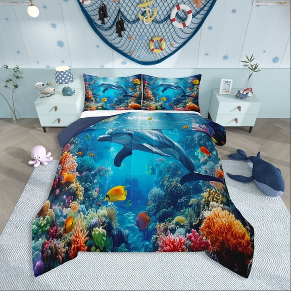 Erosebridal Sea Dolphin Comforter Sets,Marine Wildlife Comforters & Duvets,Underwater World Decor,Reversible,Breathable,2pcs