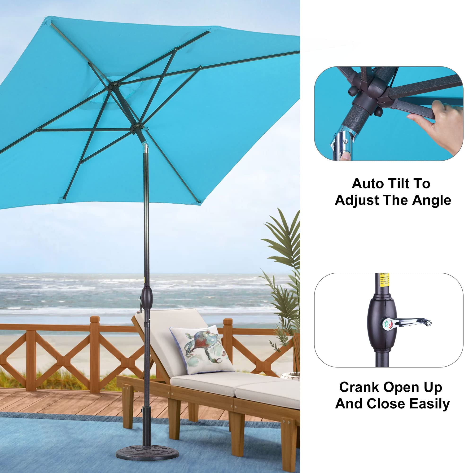 May in Color 6.5x10 ft Rectangular Patio Umbrella Outdoor Market Table Aluminum Pole Umbrella with Tilt and Crank 6 Sturdy Ribs for Deck Lawn Pool, Lake Blue