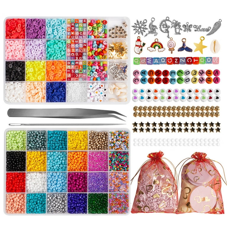 DIY Jewellery Making Kit Flat Glass Seed Beads Clay Beads DIY Beading Kit  for Jewelry Making Bracelets Necklace Earring DIY Craft Kit Beads Pearl  Beads Pendant Jewelry Wire Arts Supplies for Kids 