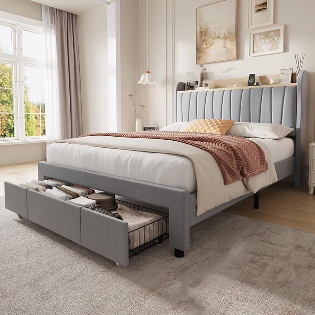 Upholstered Bed Frame with Storage Headboard and Charging Station, Platform Bed Frame with Drawers, Heavy Duty, No Box Spring Needed, Easy Assembly, Grey, Full Size