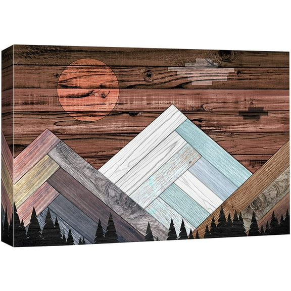 wall26 Canvas Print Wall Art Snowy Mountain & Red Sun on Wooden Style Background Nature Wilderness Wood Panels Modern Art Rustic Scenic Colorful Multicolor for Living Room, Bedroom, Office - 24&q