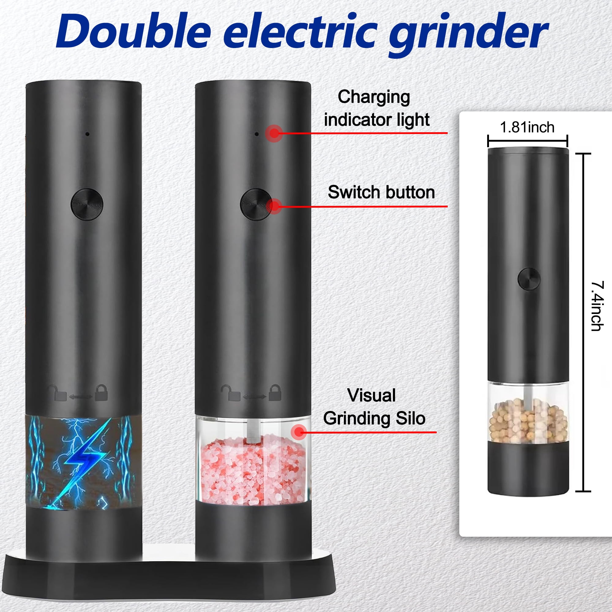 Electric Salt and Pepper Grinder Set, Automatic Salt Pepper Mill Grinder, Rechargeable Salt and Pepper Shakers Mills, Adjustable Coarseness One Hand Operation for Kitchen