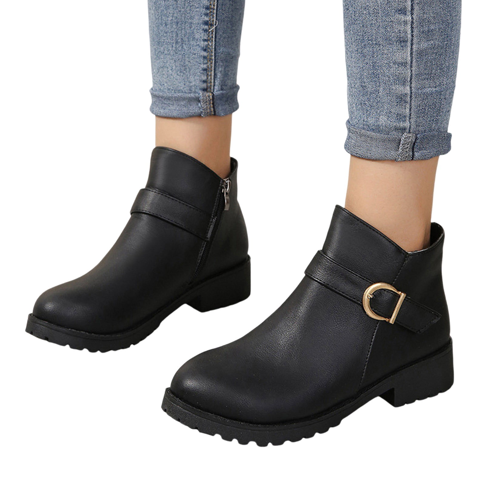 AIMODOR Women's Lace-Up Platform Ankle Boots - Chunky Heel, Buckle Detail, Synthetic
