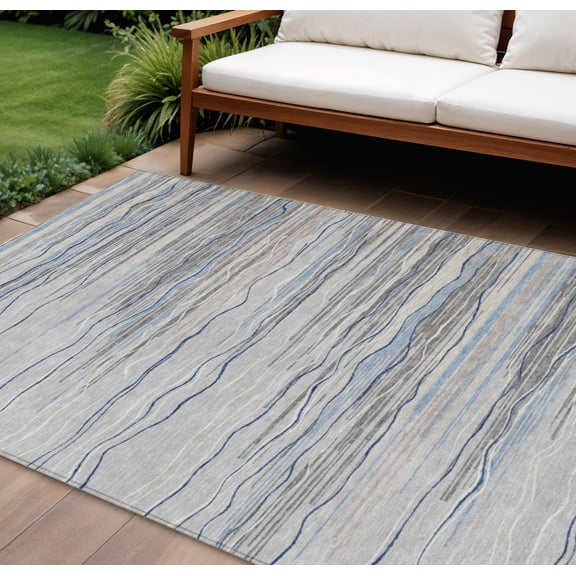 HomeRoots 597250 8 x 10 ft. Gray, Silver & Blue Striped Washable Indoor & Outdoor Rectangle Area Rug