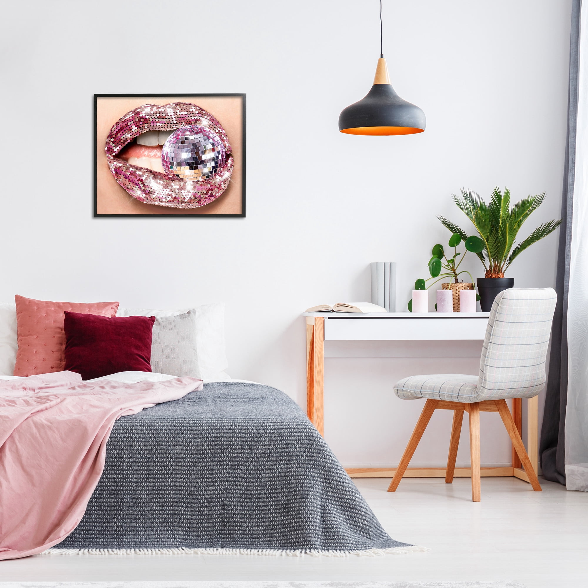 Stupell Industries Sparkle Lips & Disco Ball Novelty Painting Black Framed Art Print Wall Art, 30 x 24