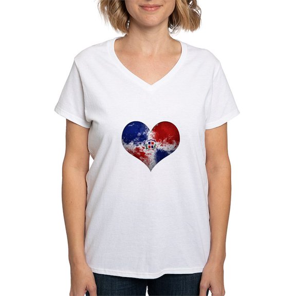 CafePress - Dominican Heart Women's V Neck T Shirt - Womens Cotton V-Neck T-shirt