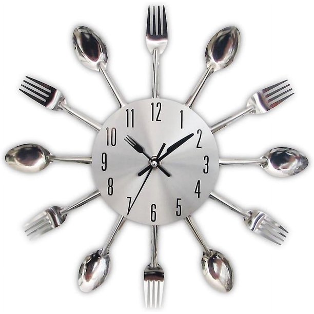 Reloj de pared de cocina, 3D extraíble, moderno, creativo, cubiertos, cuchara de cocina, tenedor, reloj de pared, espejo, calcomanía de pared, pegatina de pared, decoración del hogar (platea