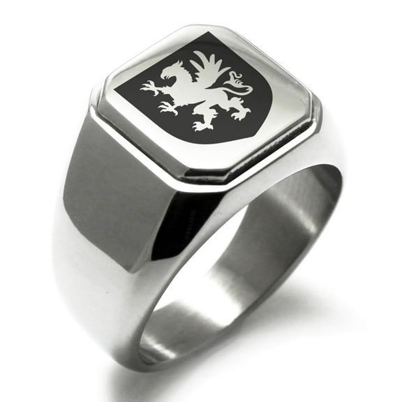 Stainless Steel Griffin Valor Coat of Arms Shield Engraved Square Flat Top Biker Style Polished Signet Ring