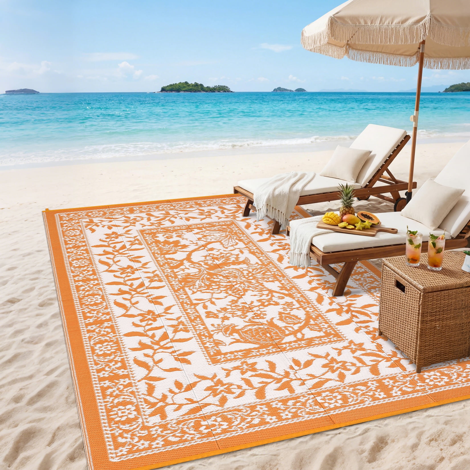 Outdoor Rug, Patio Waterproof, Reversible Plastic Straw Camping Rug, Botanical Grove Vintage Cottage core Outdoor Mat for RV, Deck, Picnic, Beach