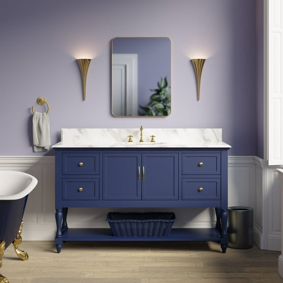 Beverly 60" Single Bathroom Vanity with Royal Blue Cabinet and Carrara Marble Top