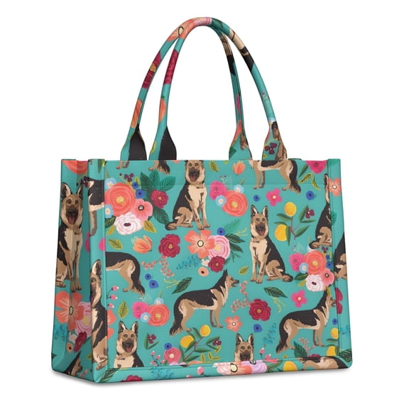 Large Capacity Tote Bag,German Shepherd Dog and Flower Handbag Fashion Luxury Tote Bag,15.7"x13"x 5.1" Inches,Laptop Compatible