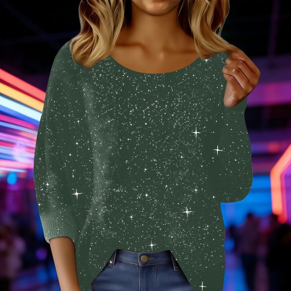 Women's One Shoulder Sequin Top, Glitter Ribbed Off Shoulder Blouse, Sparkling Party Outfit for Night Out, Evening Events and Holiday Celebration Blackish Green L