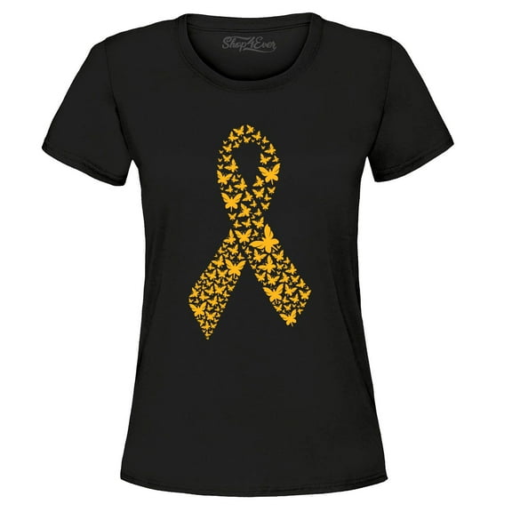 Shop4Ever Women's Gold Butterfly Ribbon Childhood Graphic T-Shirt Small Black