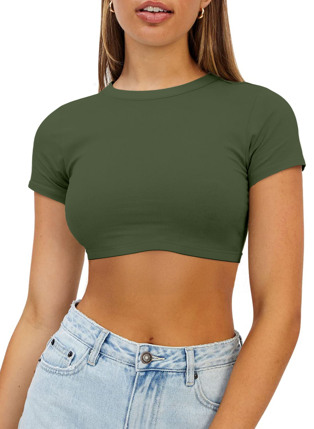 Baskuwish Women's Cute Short Sleeve High Neck Double Lined Tight T Shirts Crop Tops Tees, Crop Tops Cute Trendy Basic Tight Scoop Neck Crop Short