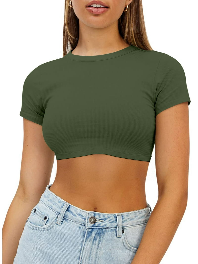 Vafful Crop Tops Sexy Trendy Basic Tight Scoop Neck Crop Short Sleeve Crop Top for or Teen Girls Women's Basic Crop Tops Stretchy Casual Scoop Neck Cap Sleeve Shirt Army Green -
