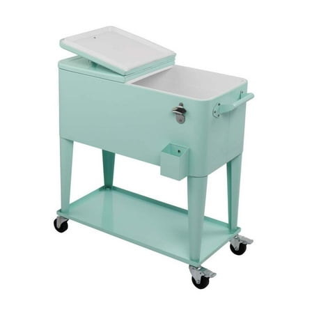 Wqmh 80 Quart Rolling Ice Chest, Portable Bar Drink Cooler with Catch Basin, Bottom Storage Tray and Bottle Opener for Patio Party BBQ Beach Activities