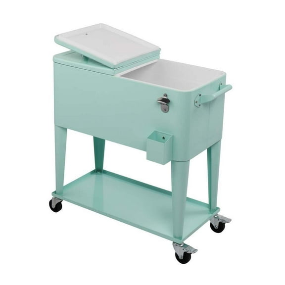 Wqmh 80 Quart Rolling Ice Chest, Portable Bar Drink Cooler with Catch Basin, Bottom Storage Tray and Bottle Opener for Patio Party BBQ Beach Activities