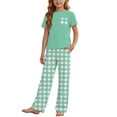 thumbnail image 2 of IFNWSV Summer Outfits for Girls 2 Piece Short Sleeve Checkered Loose Top and Elastic Waist Pants With Pockets Set Mint Green 3-4 Years, 2 of 7