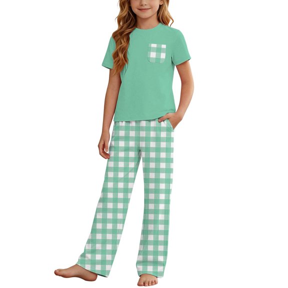 LEKWK Boys Girls 2 Piece Pajama Set Short Sleeve T-Shirts and Plaid Pants Kids Comfy Lounge Tracksuits Summer Fashion Home Sleepwear 2-14Y