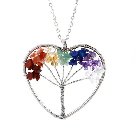 Multi Color Multi Row Necklace - Womens 7 Chakra Tree of Life Quartz Pendant Multicolor Wisdom Energy Necklace (Heart Chakra)