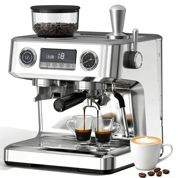WAA 20 Bar Dual-Boiler Espresso Machine 30 Grinder Settings,Milk Frother,95oz Tank 58MM LED Display,Silver