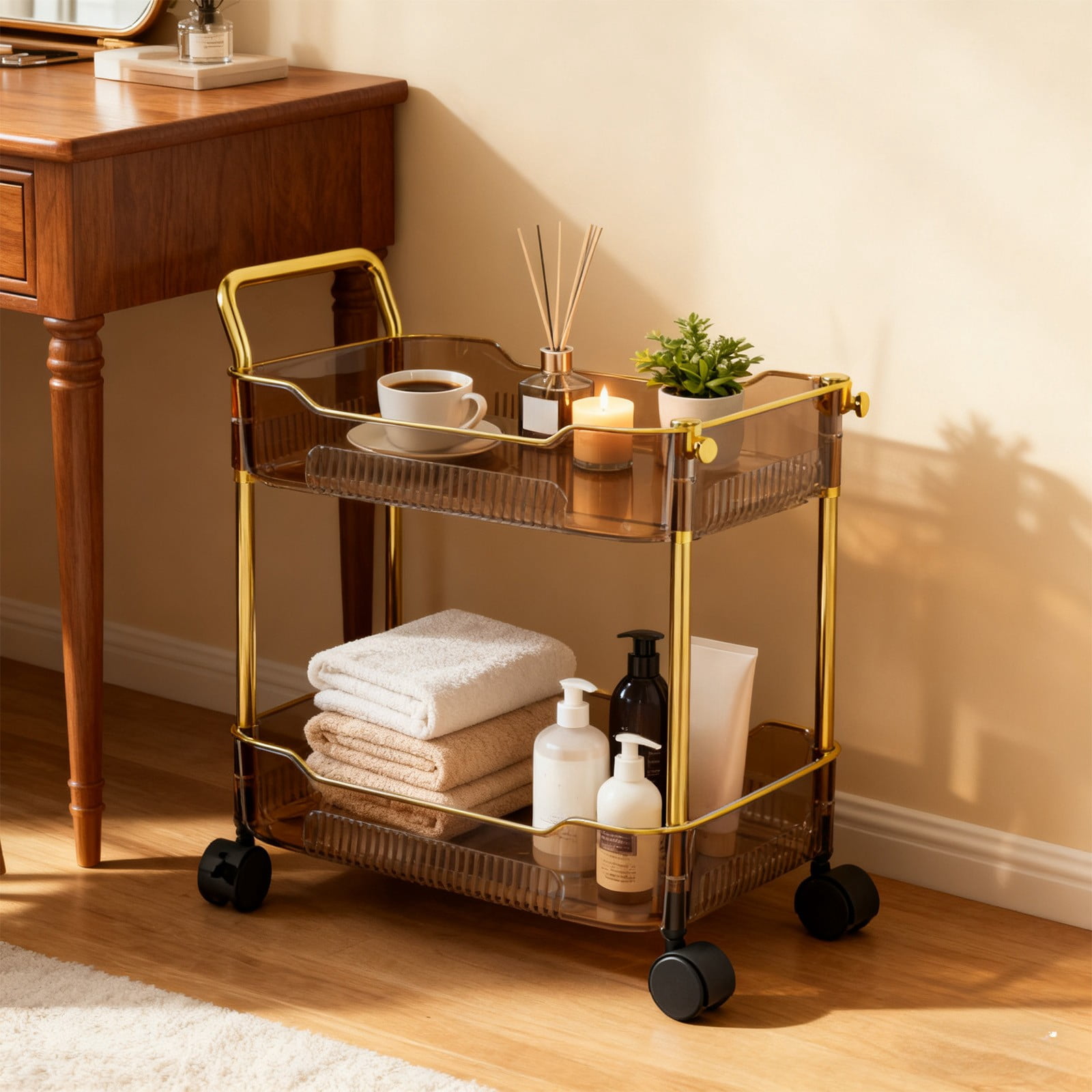 IMossad Two-Tier Transparent Rolling Cart – Practical Storage Cart with Handles and Locking Swivel Wheels for Kitchen, Office, Bedroom, and Home Organization