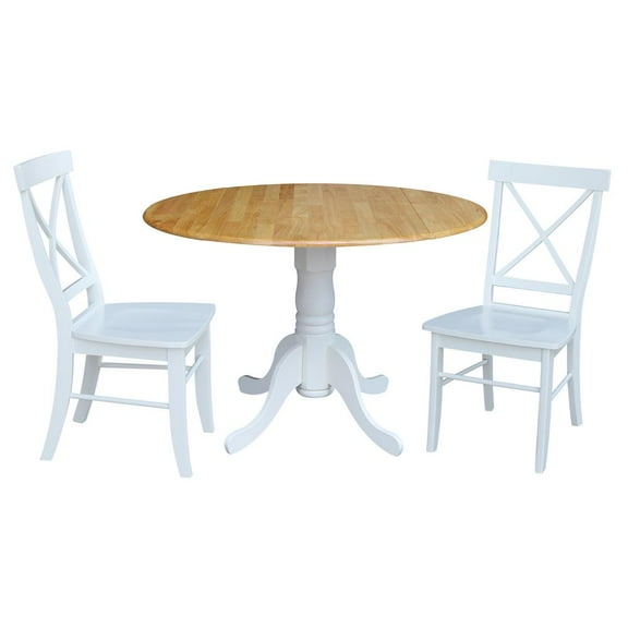 International Concepts Solid Wood 3-Piece Dining Set with 42 in. Dual Drop Leaf Table and 2 Cross Back Dining Chairs in Natural/White