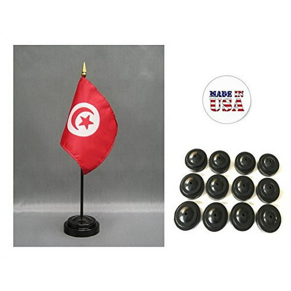Box of 12 Tunisia 4"x6" Miniature Desk & Table Flags Includes 12 Flag Stands & 12 Tunisian Small Mini Stick Flags