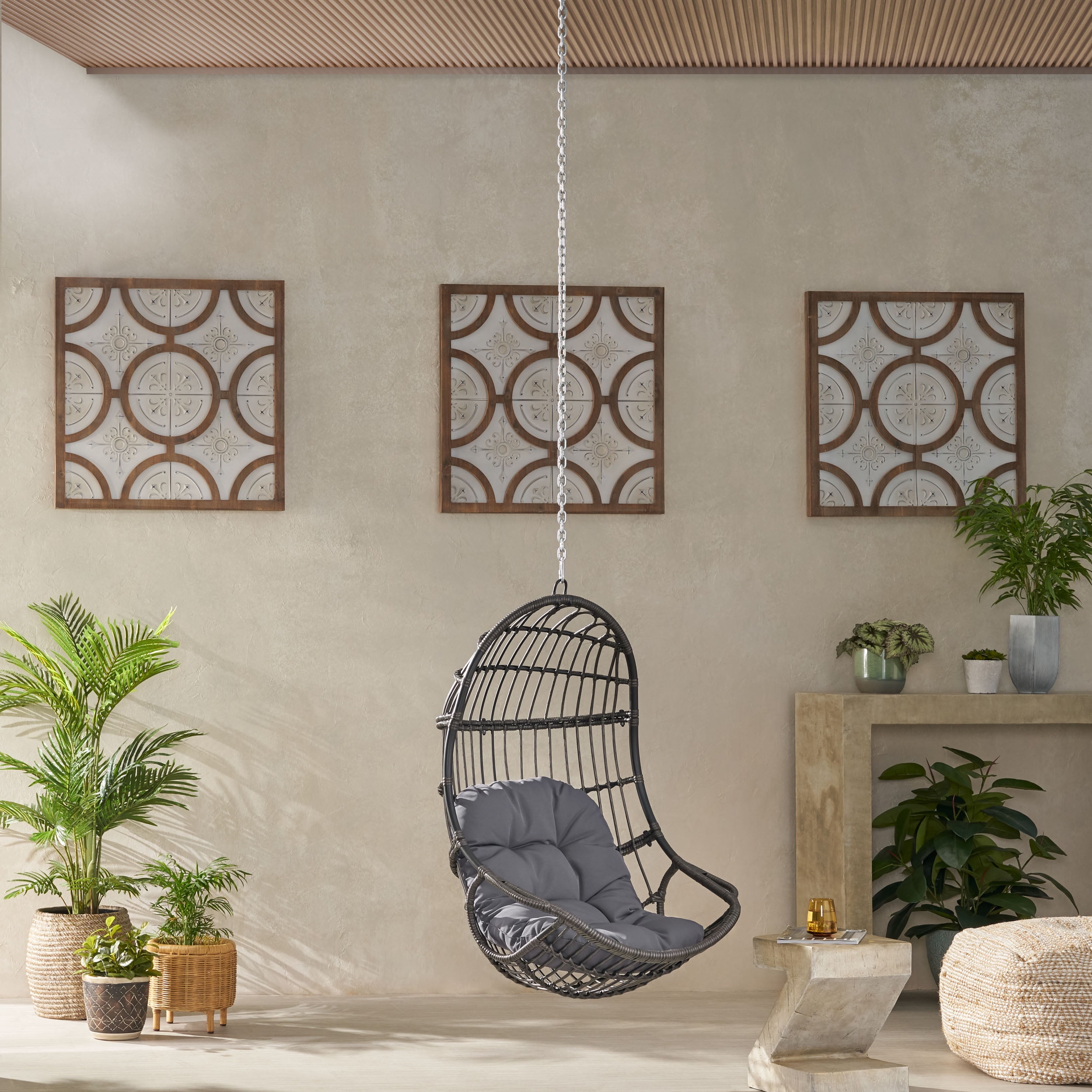 Outdoor Hanging Swing Chair with 8ft Chain, Wicker Weave Suspended Leisure Seat for Patio Garden, Gray
