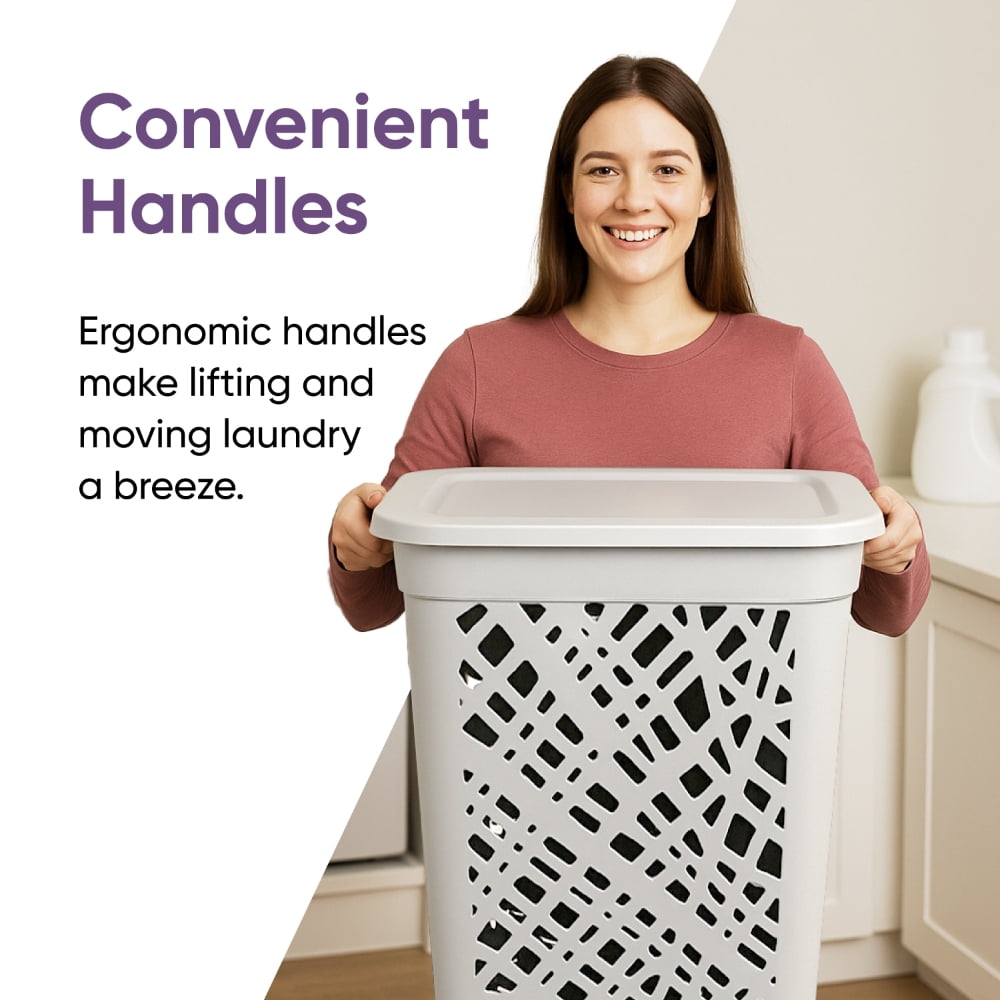 Non-Breakable Mosaic Hamper, 60L -Misty White, Elegant Design, Vented Laundry Basket, Made in France