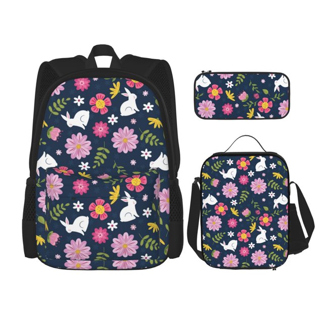 Balery Floral Rabbit Mochila Escolar 3 en 1 para Niños - Mochila Resistente con Lonchera Térmica y Estuche - Mochila Escolar para Niños y Niñas