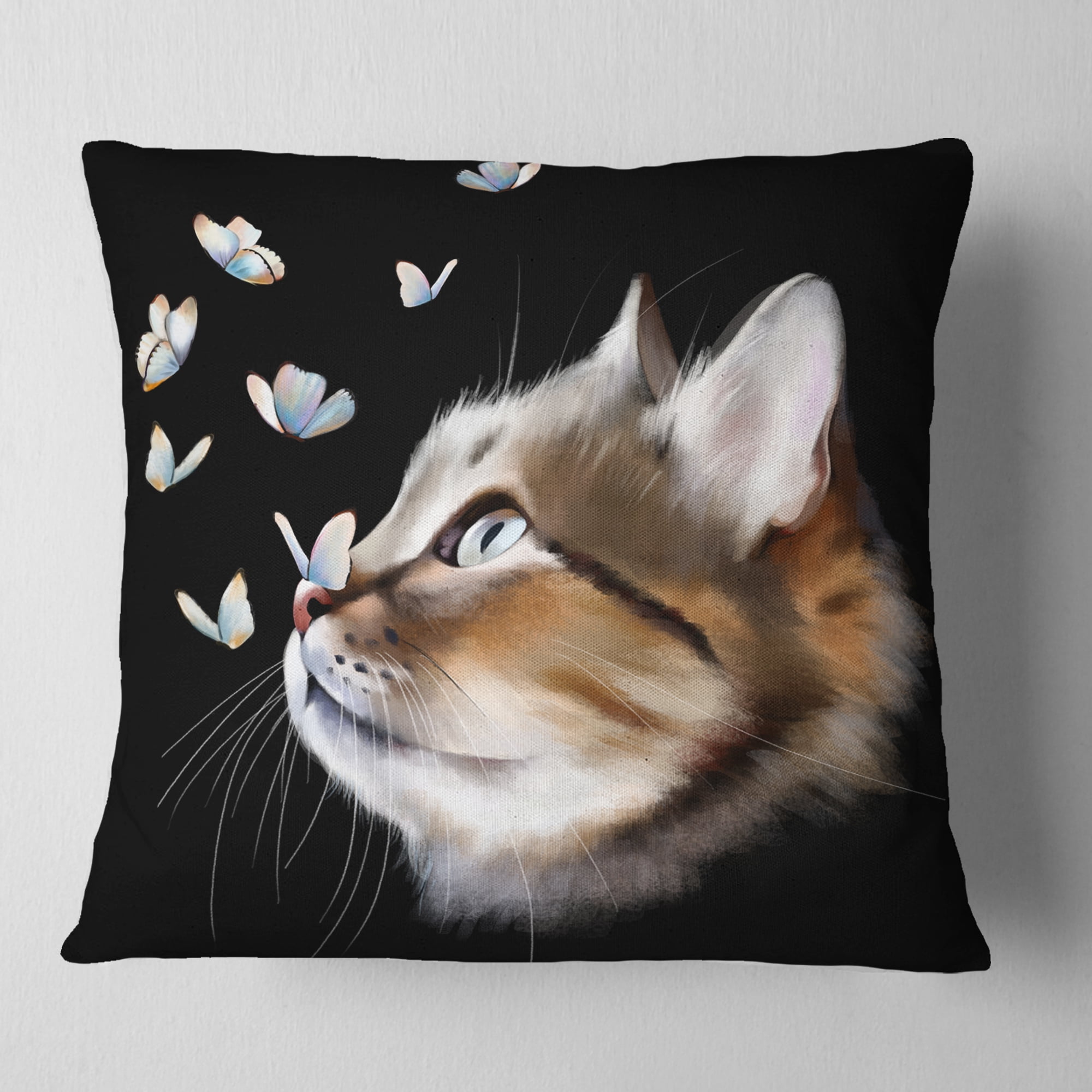 Designart Cat with Butterflies on Black - Animal Throw Pillow - 18x18