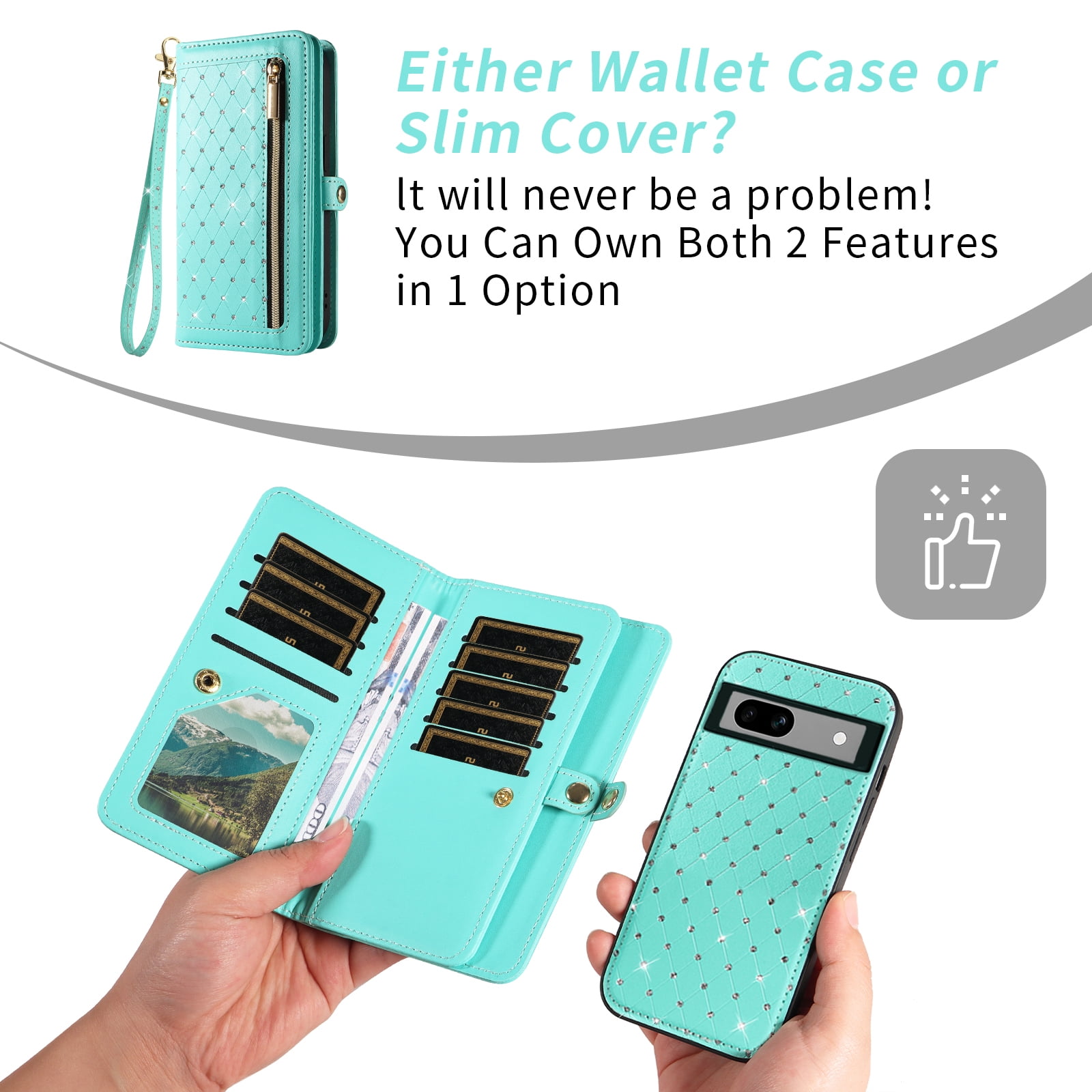Asuwish Phone Case for Google Pixel 7A 5G 2023 Zipper Wallet Detachable Cell Cover with Tempered Glass Screen Protector Crossbody Lanyard Strap Bling Glitter Flip Card Holder Slot Pixel7A A7 Green