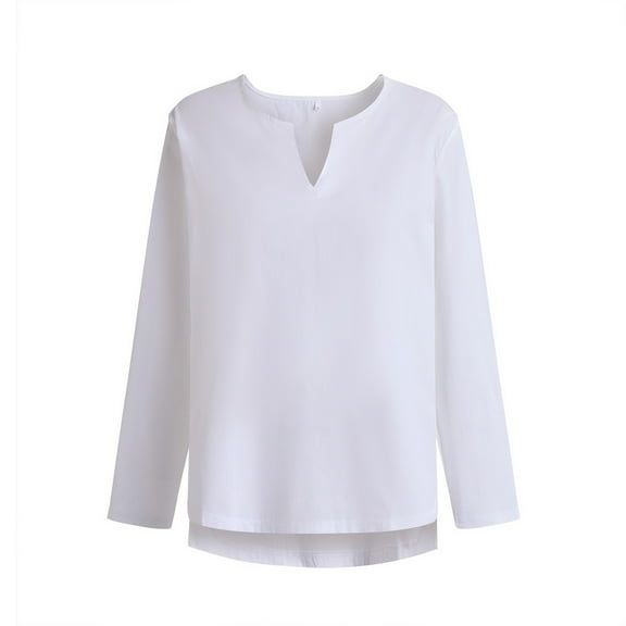 GigrtiJin Mens Plus Size Shirt Long Sleeved Cotton Linen V-Neck Shirts Solid Color Loose Comfy Basic Pullover Tops