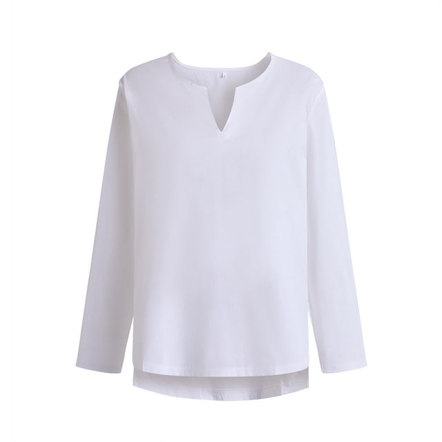 Yuyuzo Long Sleeve Shirts for Men Cotton Linen Notch V Neck Solid Color Casual Fall Winter Basic Tops