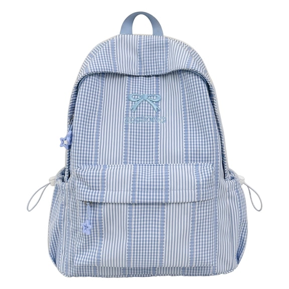Stripe School Backpack, Bowknot Embroidery Bag with Drawstring Side Pockets, Lightweight Breathable Bookbag for College Travel (Blue)